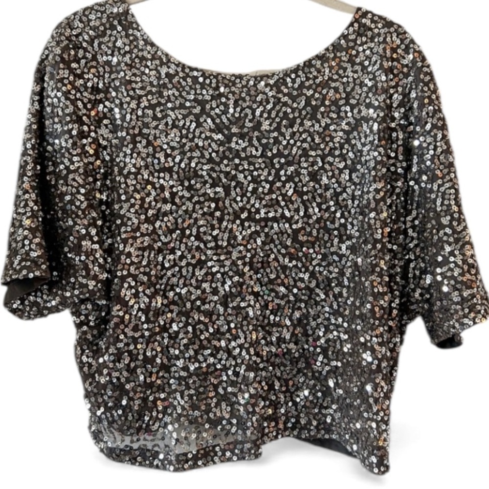 Express Sequin Embellishment Boxy Low Back Crop Top Gray Size XL